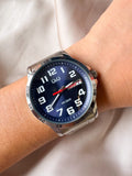 RELOJ QYQ A37A PLATEADO FONDO AZUL HOMBRE CALENDARIO