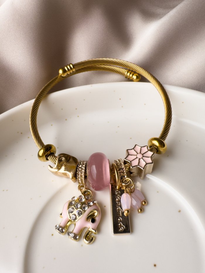 Pulsera Tipo Pandora Con Dije De Elefante Rosa - Imagen 1
