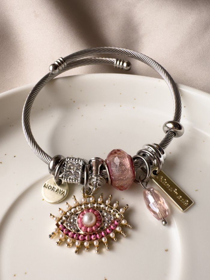 Pulsera Tipo Pandora Con Dije Ojo Turco Rosado - Imagen 1